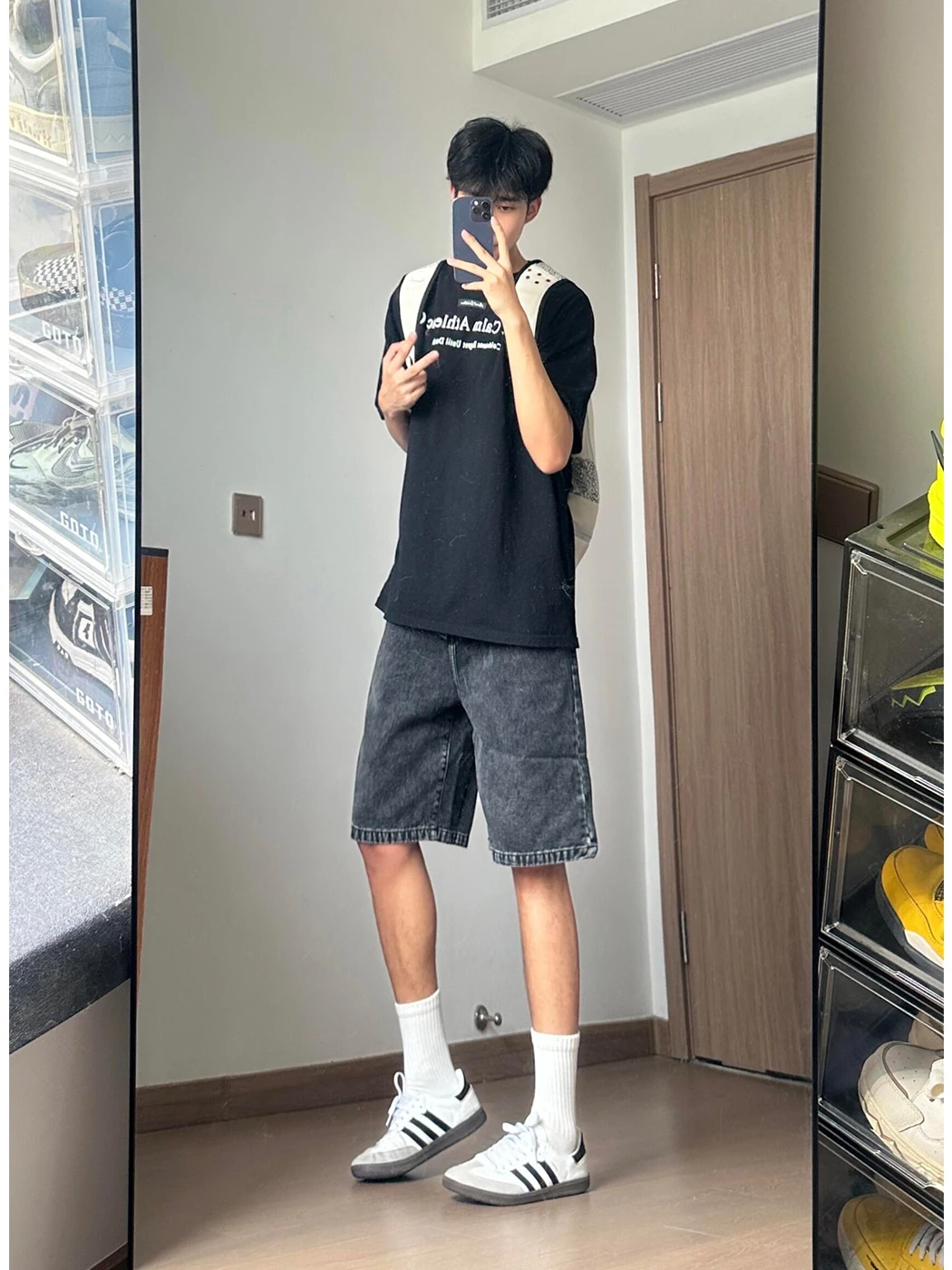 Retro American Grey Black Denim Shorts Men Summer Washed Five-Point Thin Jeans CleanFit Casual Straight Leg Loose Fit Shorts