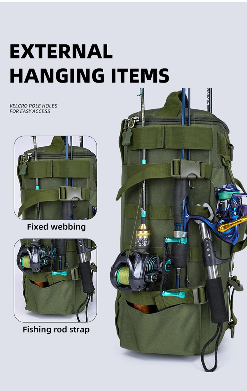 Taktischer Angelrucksack, Tackle-Tasche mit Rutenhaltern, Aufbewahrung von Fischgeräten, Molle, Camping, Wandern, Outdoor, multifunktionale Tasche – Detail 4