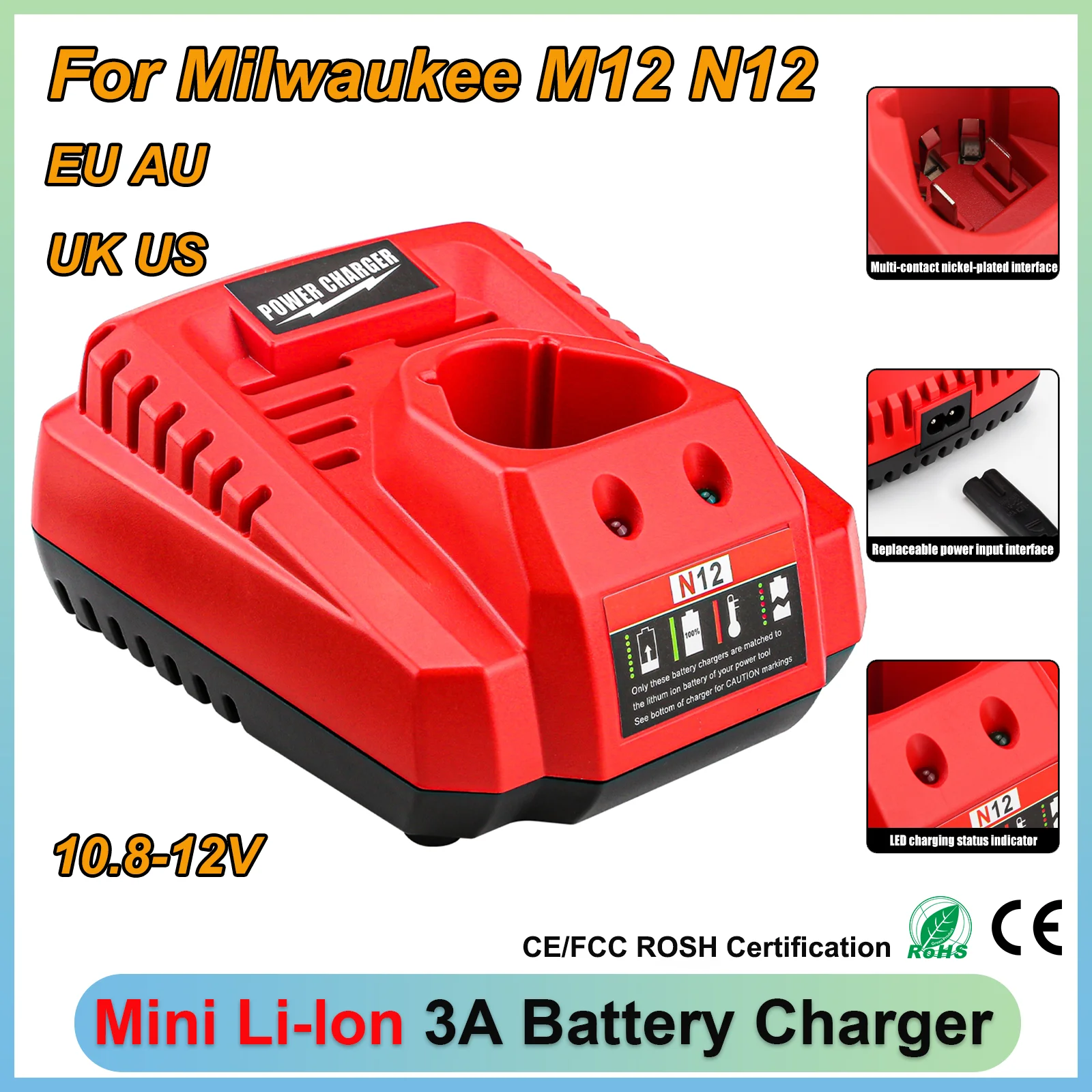 For Milwaukee 12V Battery Charger M12 N12 Lithium-Ion Battery 3A Fast Charging Replacement 48-11-2401 48-11-2402 C12B C12BX
