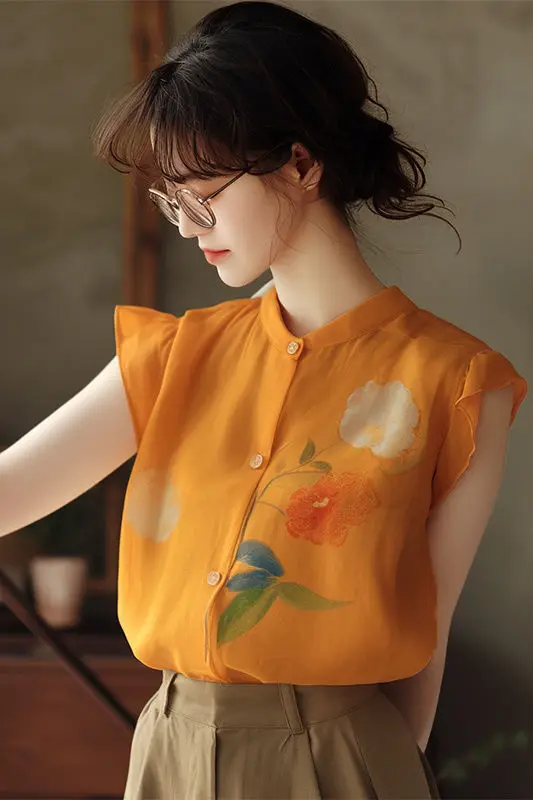 

Bohemian Style Literary Flutter Sleeve Top for Women Summer Unique Orange Print Shirt