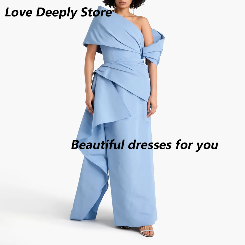 

Pale Blue Evening Dress with Detachable Off Shoulder Ruffles Straight Prom Gown Elegant Back Slit Party Dresses Customized
