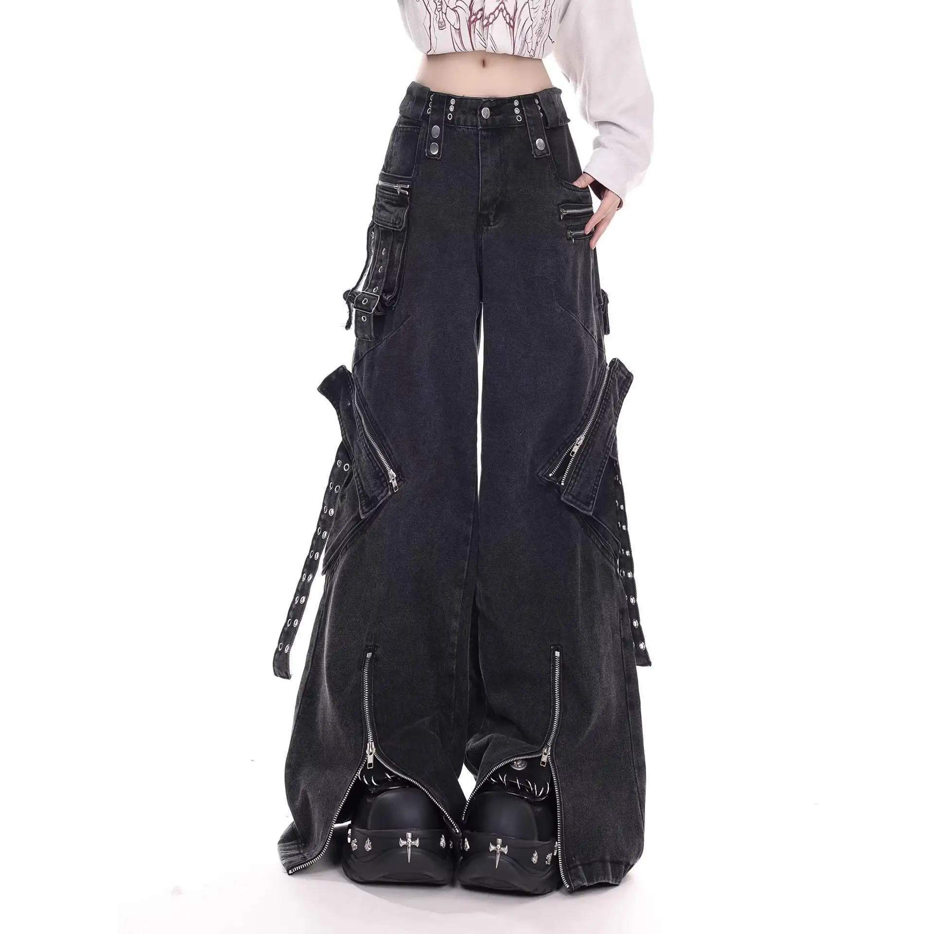 Fashion Punk Style Rock Hip Hop Jeans Pants With Pockets Loose Fit Vibe Style Y2K Denim Trousers High Street Wide Leg Jeans