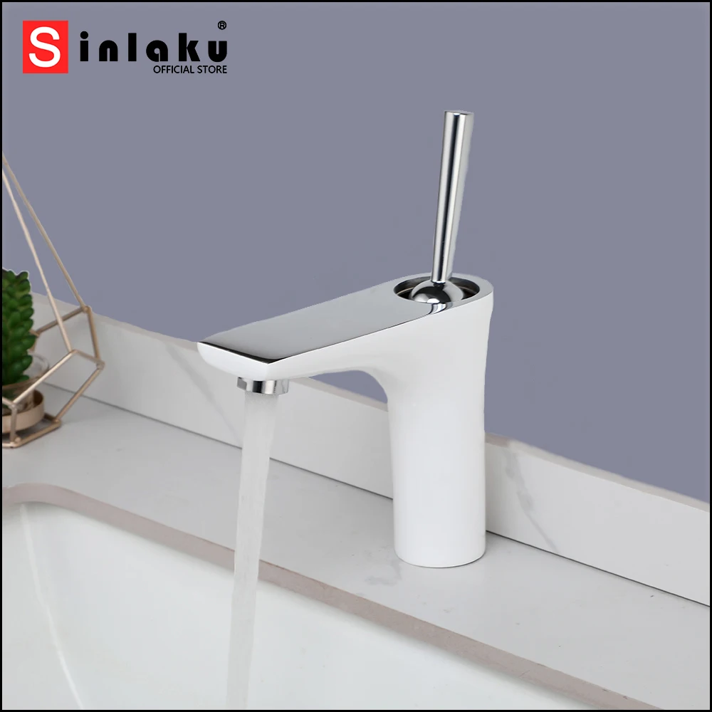 

SINLAKU Bathroom Faucet Stream Outlet White Painted Deck Mounted Chrome Single Handle Control Hot Cold Water Basin Mixer Taps