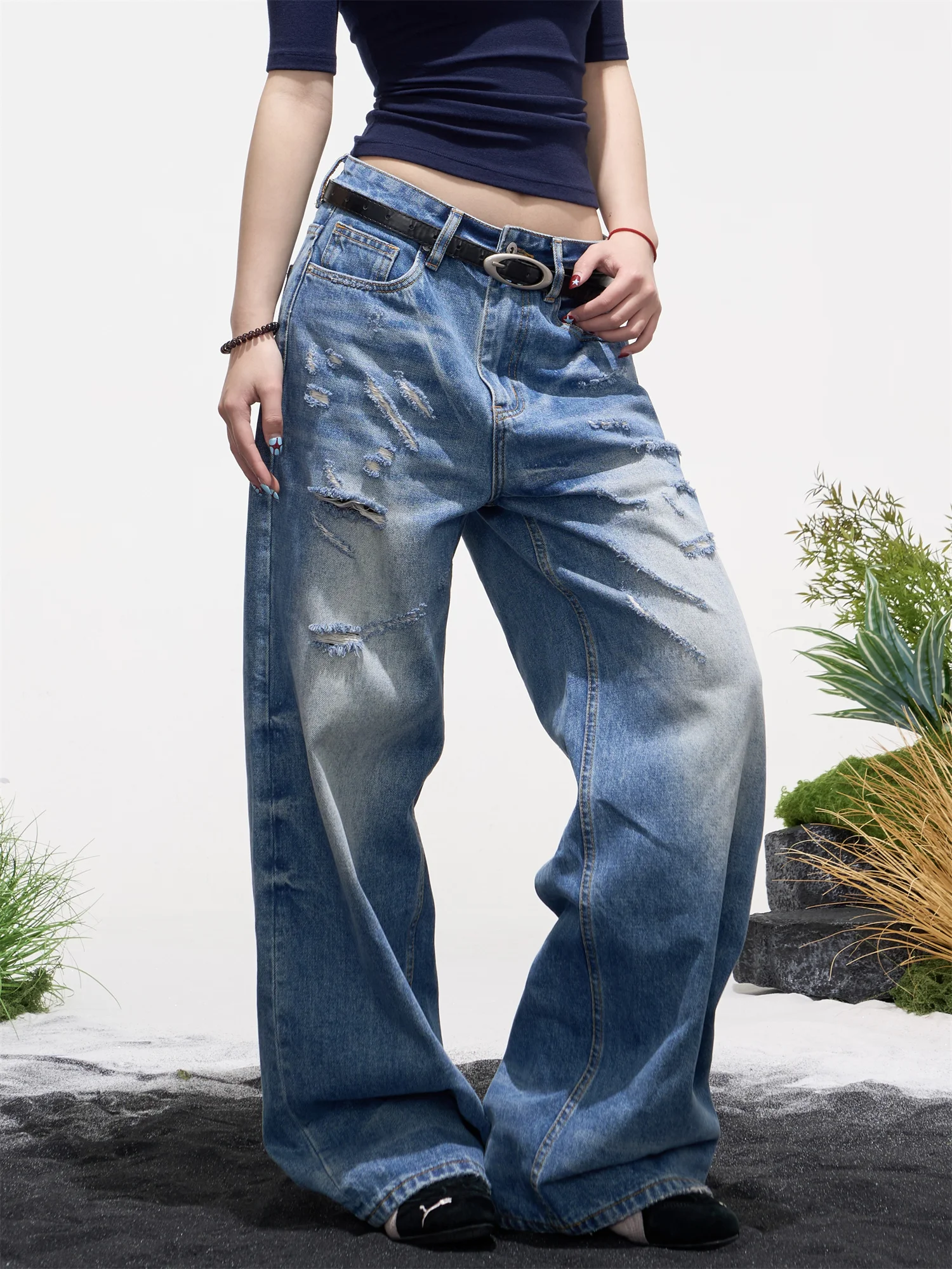 

Onlpp American Retro Washed Denim Jeans Women Loose Wide Leg Long Pants Sexy Drag Floor-Length Pants Hole Design Spring Fashi...