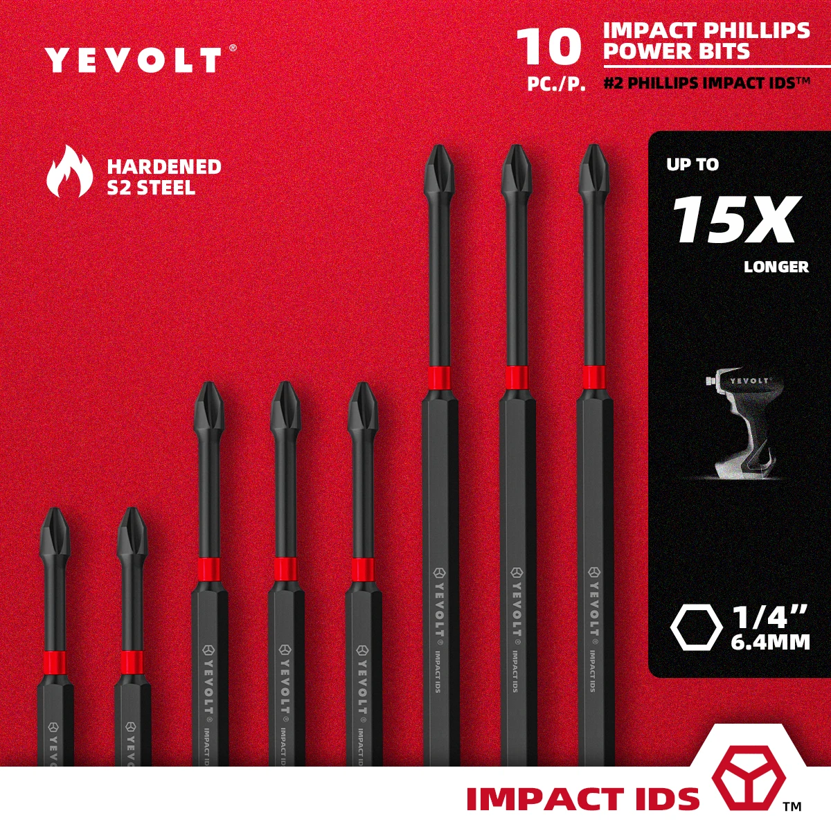 YEVOLT YVIDSPH2 Series Impact Screw Bit Set 10Pcs 50/65/75/90/100/150mm 1/4\