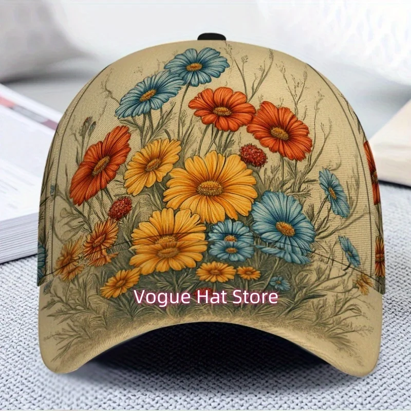 1pc Women's & Men's Floral Baseball Cap - Adjustable Snapback Hat with Sunflower, Daisy, Poppies, Daisies