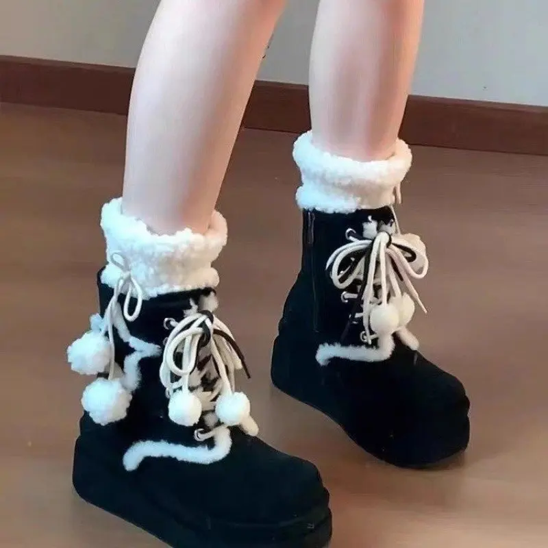 

2024 NEW Snow Boots Women Winter Shoes Thick-Soled Mid-Calf Boots For Women British Retro Platform Boots Thick Furry Shoes 40