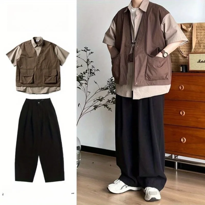 

Japanese Style Retro Men Short Sleeve Shirt Two Piece Set Color Block Patchwork Fake Two Piece Workwear Versatile Casual Top