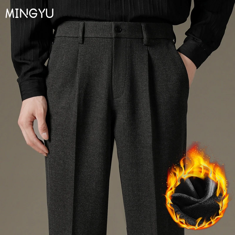 

Luxury Quality Winter Warm Thermal Stripe Suit Pants Men Fleece Business Korean Thick Grey Black Elegant Formal Trousers Male