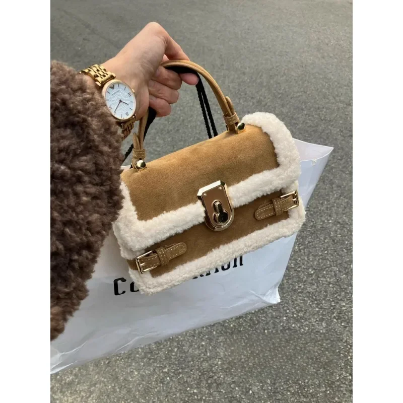 Lamb wool ladies autumn and winter atmosphere plush small square bag new high-grade patchwork hand crossbody bag
