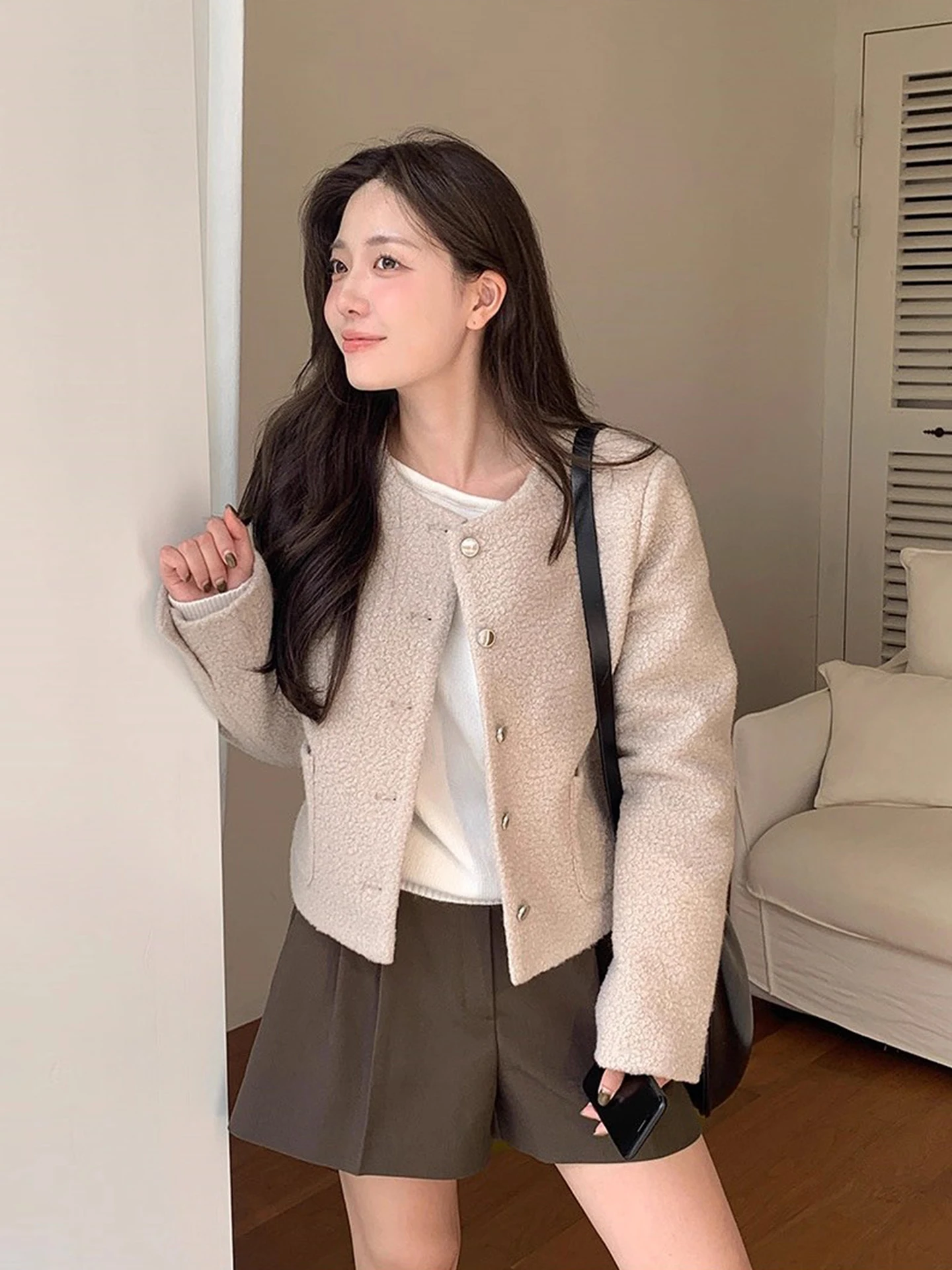 

Pure Color Woolen Jaet Women's ort Sle Metal Button Autumn New Faion Commute Korean Version Long Sve round Ne