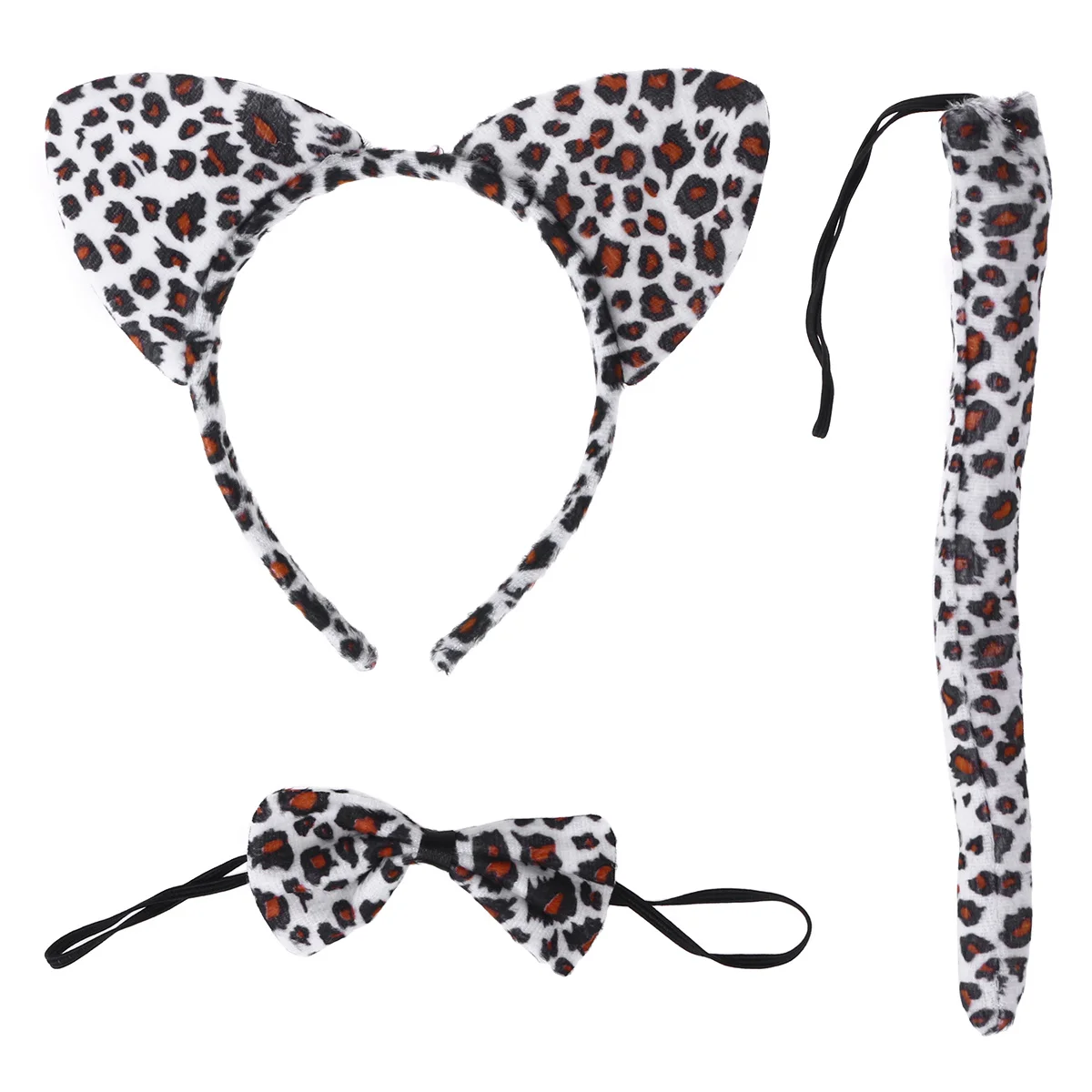 3 pezzi set cosplay per gatti per bambini fascia per capelli coda di papillon fascia elastica costume da festa con stampa leopardata bianca per bambini in stile cartone animato in maschera