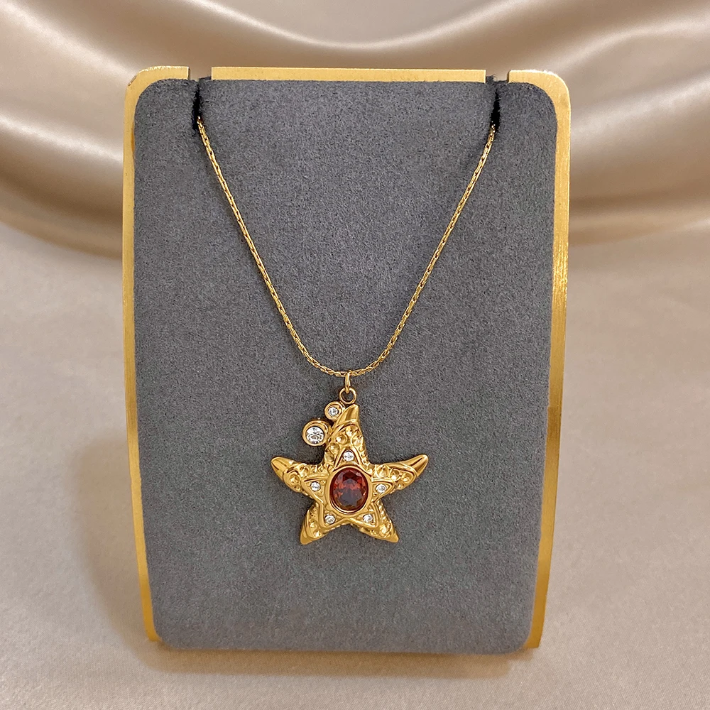 1pc AENSOA Woman Stainless Steel Necklace Dainty Starfish Setting Zircon Pendant Neck Chain Classic Party Jewelry Gift