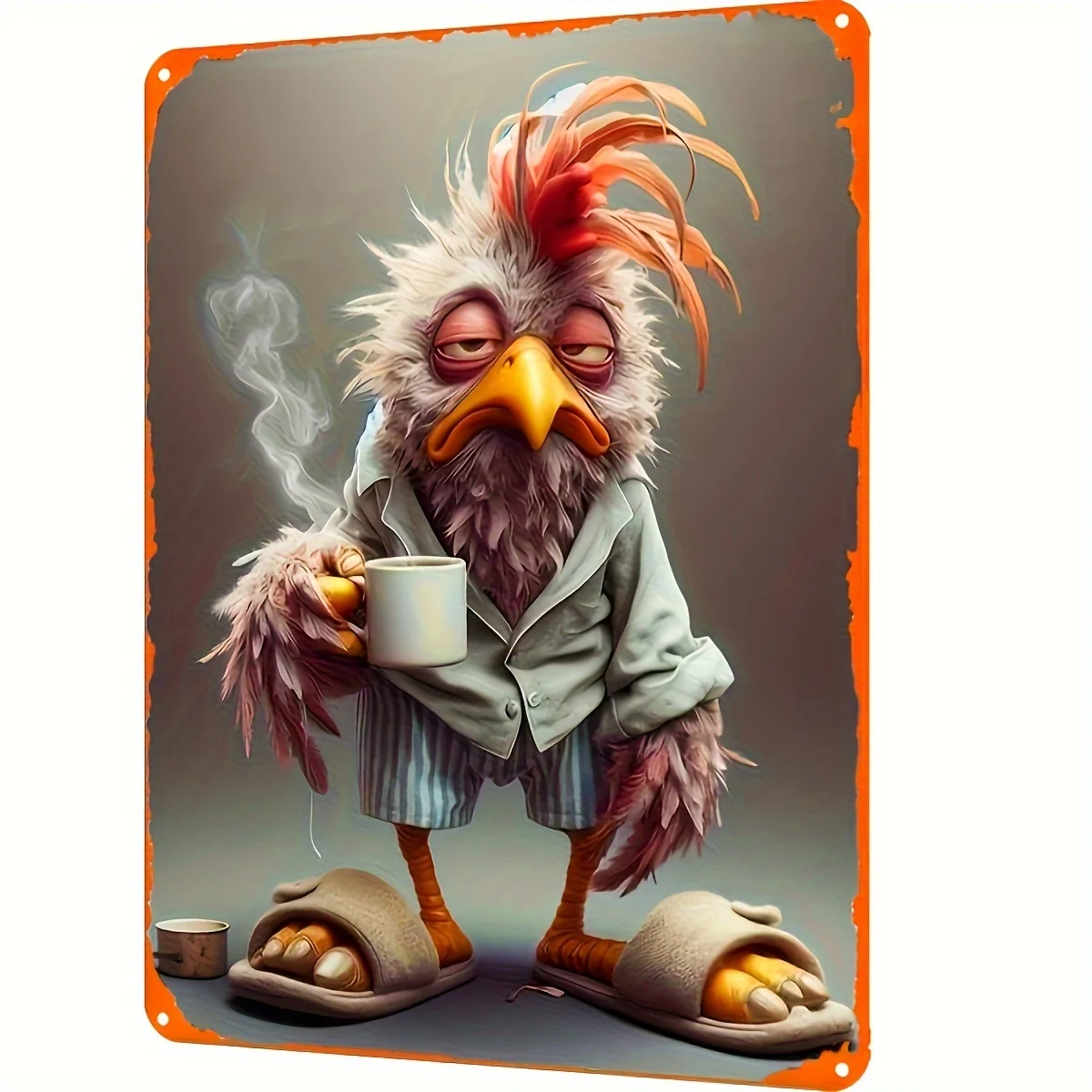 Charming Vintage Chicken in Slippers & Cup Metal Sign - 12x8
