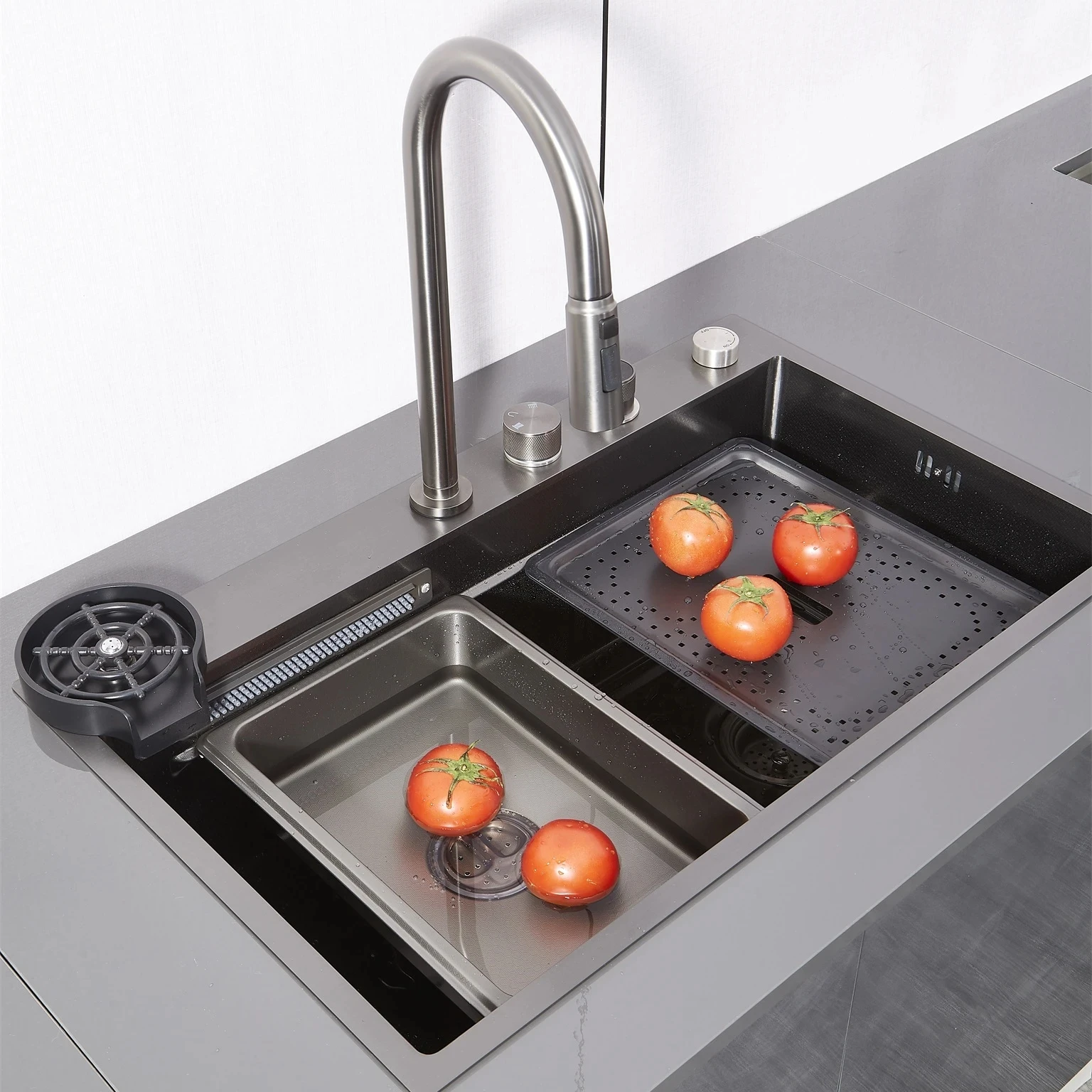 New Trend 30/32  Inch 304 Stainless Steel Single Bowl Bionic Honeycomb Two Waterfall Digital Display Faucet Kitchen Sink