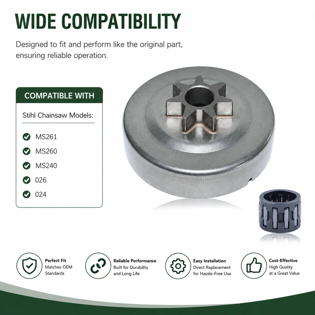 1121 640 2004 Clutch Drum with Needle Bearing for Stihl MS261 MS260 MS240 MS270 MS280 026 024 Saw .325 7T Replacement Parts Set