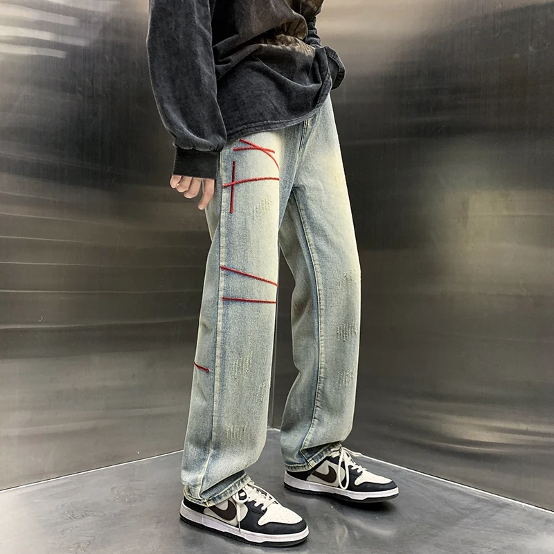 New Spring 2023 Men Baggy Straight Jeans Hip Hop Streetwear Y2K Vintage Fashion Trousers Embroidery Scratch Wide-leg Denim Pants