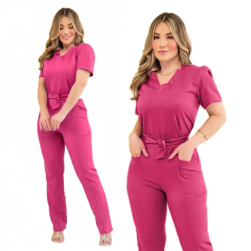 Slim Fit Women Medical Uniforms Nurses Accessories Doctors Scrubs Tops Pant Bow embroideryDental Clinic Beauty Salon WorkwearSet