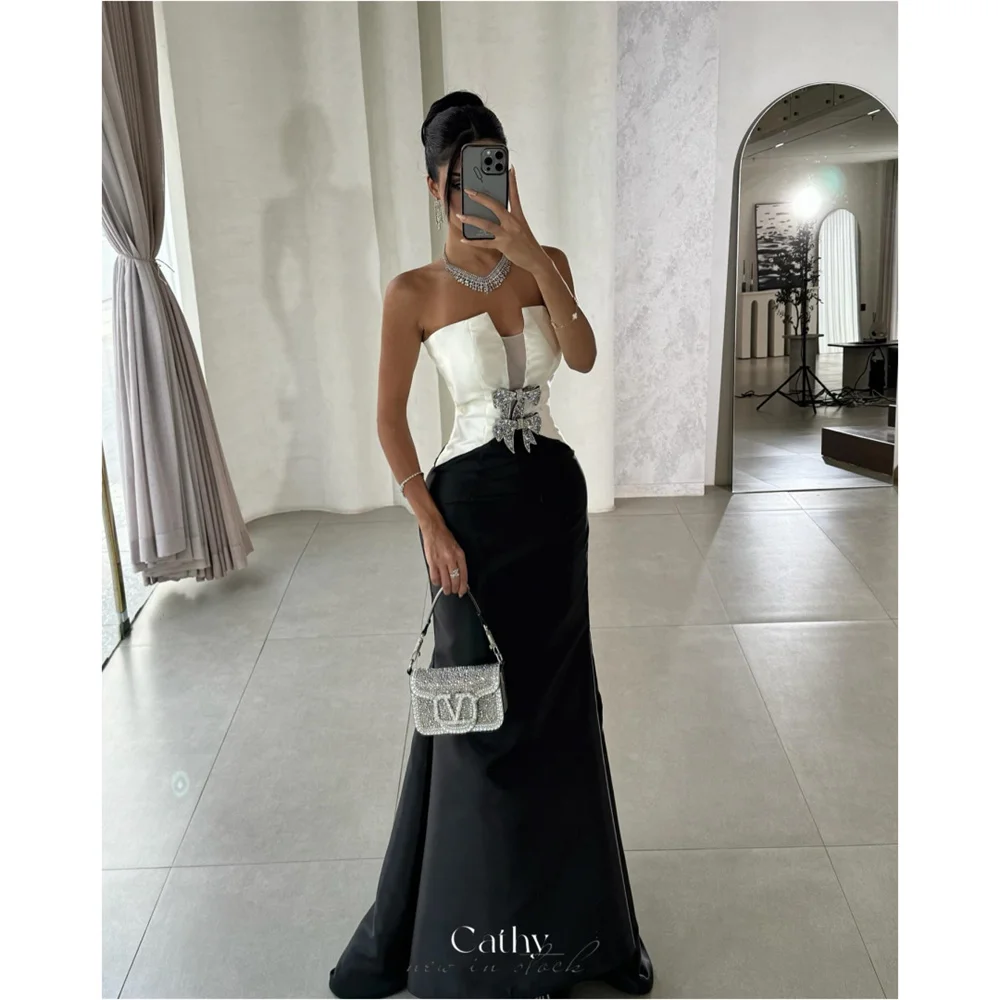

Cathy Customize Strapless Mermaid Bow V Neck Prom Dress Black-White Floor-length vestidos de noiva Elegant Satin Evening Dresses