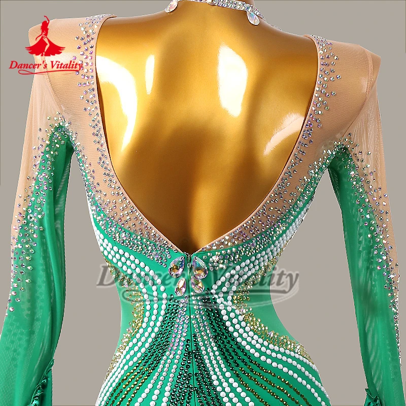 V 자형 백 그린 볼룸 AB 스톤 긴 소매 넥리스가있는 빅 스윙 드레스 성인 왈츠 퀵 스텝 옷 맞춤 크기