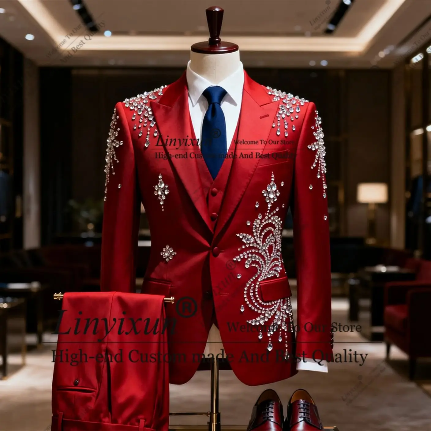 

High-end Rhinestone Crystal Men Suits Handsome Slim Fit Groom Tuxedos 3 Pieces Male Party Prom Blazers Customized Ropa Hombr