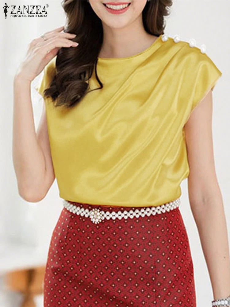 ZANZEA Elegant Woman Satin Blouses Summer Fashion Round Neck Cap Sleeves Pleated Pearls Detail Blusas Mujer Streetwear Chemises