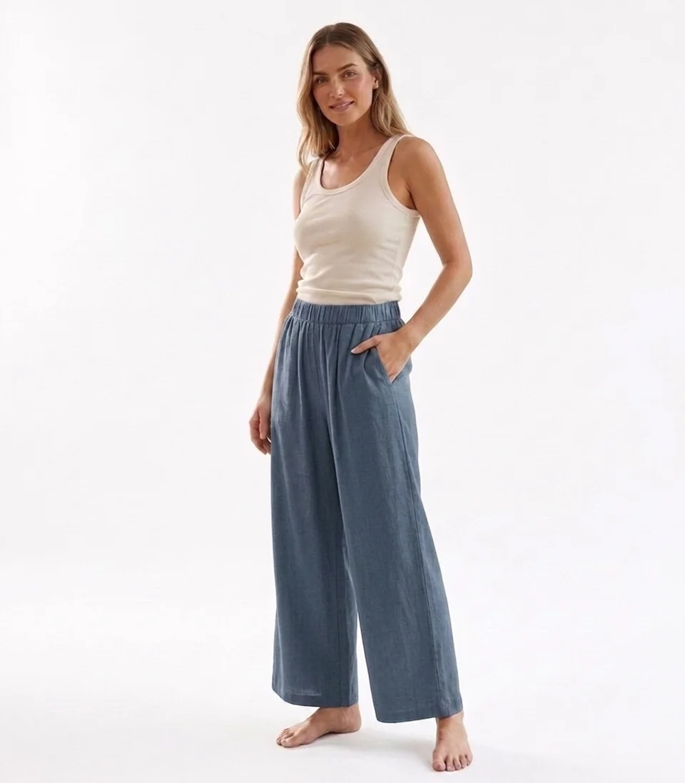 Calças Largas de Algodão e Linho para Mulheres, Cintura Alta Elástica, Calças Soltas com Pregas e Bolsos, Cor Sólida, Estilo Boho de Verão
