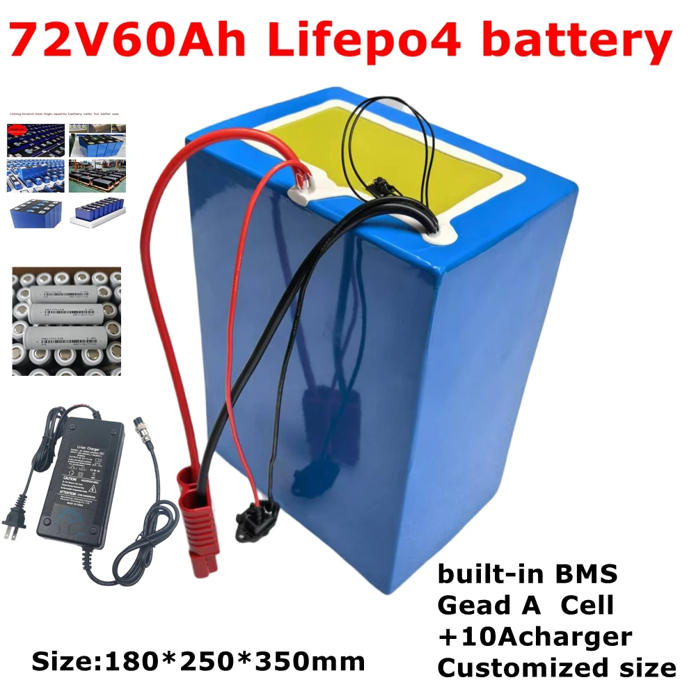 HX-Batterie au lithium pour scooter et pendentifs, E-bike, cycle profond, charger 10A, 72V, 60Ah, veFePO4, 80A BMS 24S, 5600W