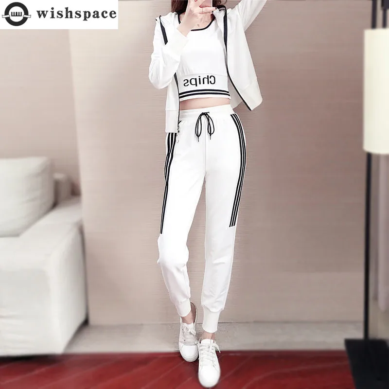 

Stripe Patchwork Jacket Hoodie Letter Vest Lace Up Pants Three Piece Elegant Women's Sports Suit Tracksuit Outfits Clothing