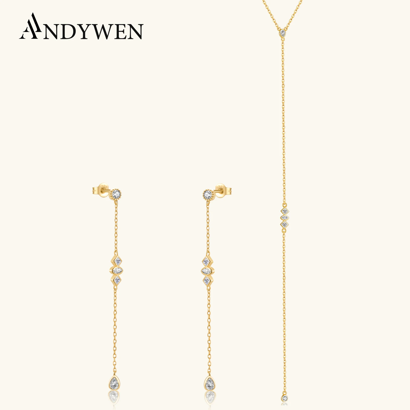 ANDYWEN-Conjunto de joyería fina de plata de ley 925, collar largo dorado, pendientes largos PIRAMIDE, cristal VERTICE CZ, regalo de boda 2021