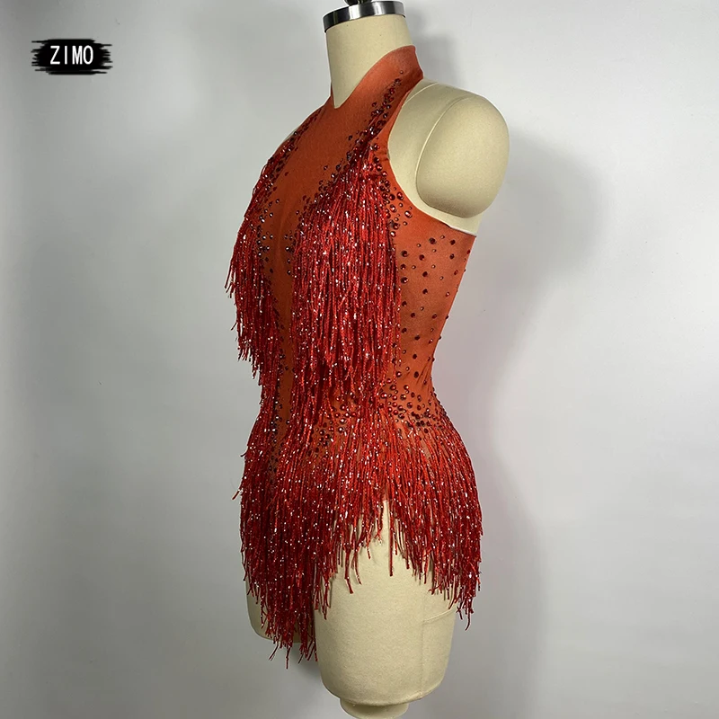 Sexy Nightclub Rhinestones Dance Bodysuits Women Elastic Tassel Latin Pole Dance red Leotard Showgirl DJ Stage Performance Wear