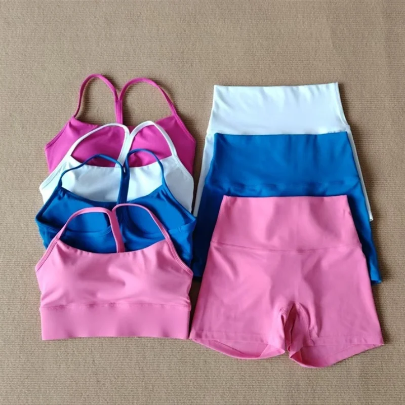 2-Piece Gym Yoga Suit Sexy Women Sportswear Solid Color Fitness Shorts Women Y-Shaped Bra Soft Comfortable Stretch Tight Shorts