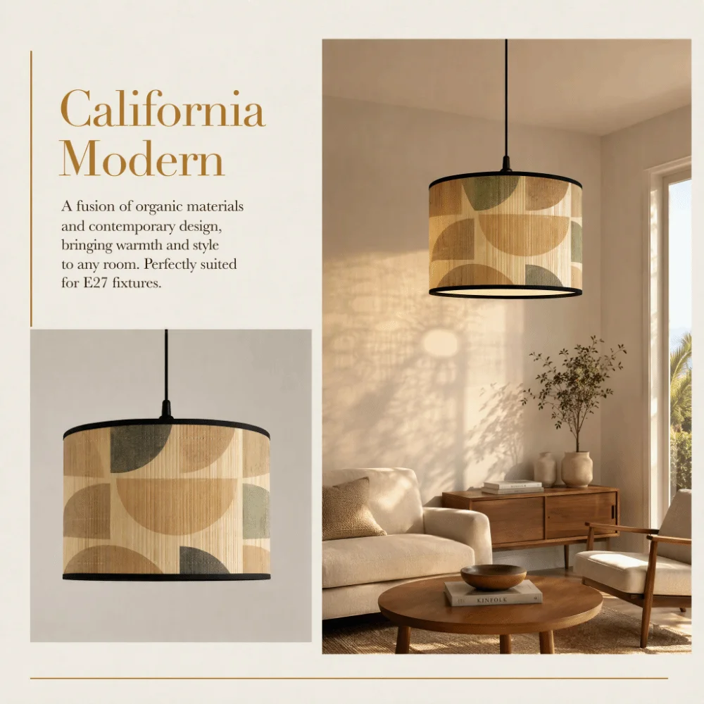 Handmade Bamboo Lampshade Long-Lasting Abstract Line Pattern Pendant Chandelier Greenery Patterned Hangable Retro Lampshade