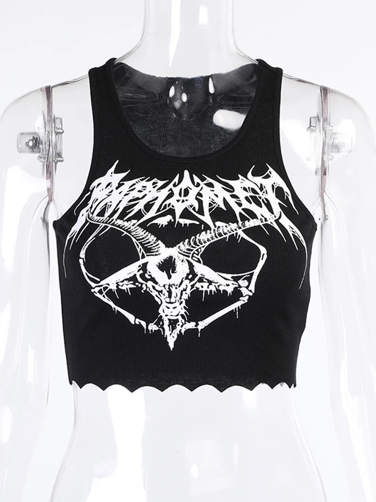 Gothic Knitted Punk Black Tank Tops Mall Goth Grunge Goat Print Harajuku Women Crop Tops Skinny Sleeveless Streetwear image 4