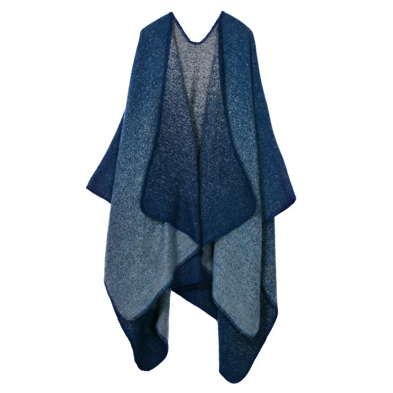Autumn Winter Women Travel Shawl Imitation Cashmere European National Style Fork Thickened Cloak Ponchos Capes Blue
