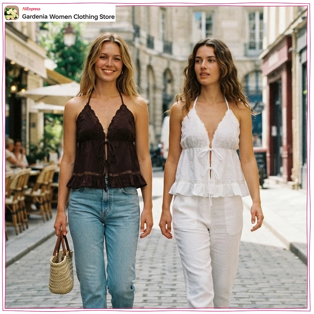 New in Summer Women Embroidered Gauze Halter Tops with Tie Closure Fashion Halter Tops with V-neck.and Tonal Embroidered Detail