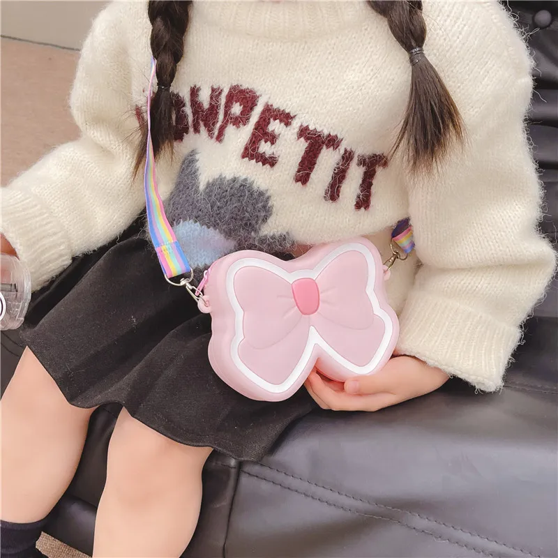 Cute Silica Gel Bow Children's Mini Shoulder Bags Candy Color Baby Girls Coin Purse Handbags Rainbow Strap Kids Crossbody Bag