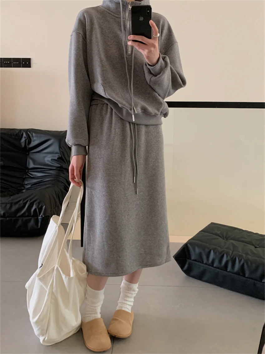 Alien Kitty Minimalist Women Chic Loose Suits Sports Daily 2024 Thicken New Casual Sweatshirts Fashion Spring Long Skirts Sets