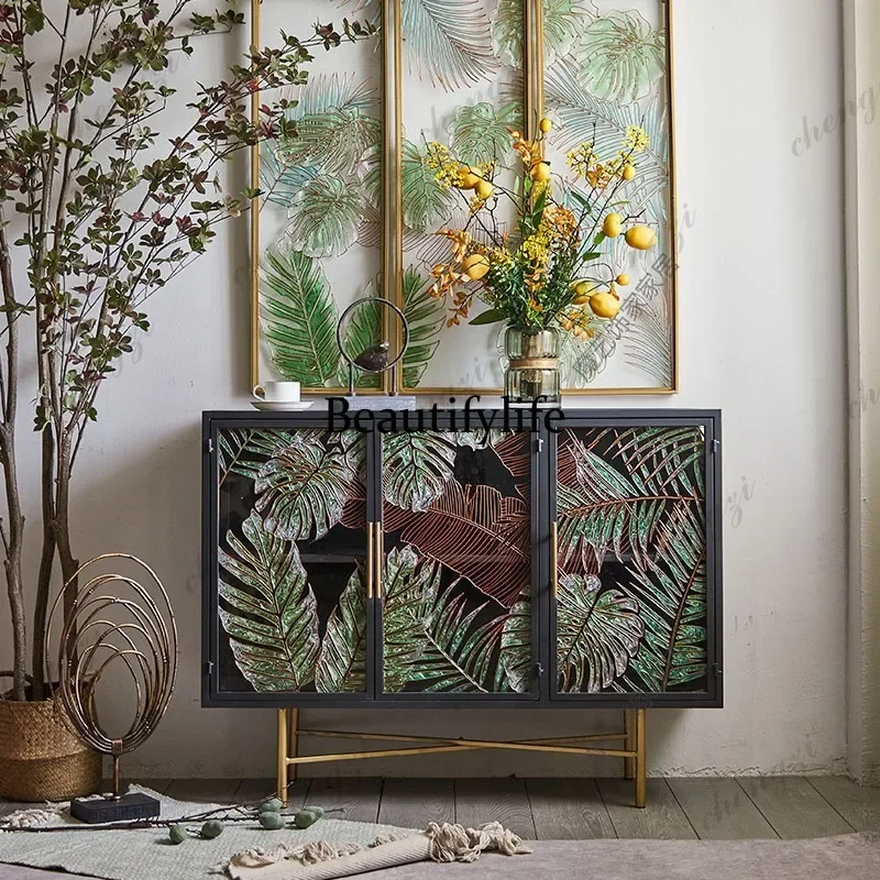 E153 American vintage enamel hand-painted decorative glass sideboard, storage glass partition cabinet