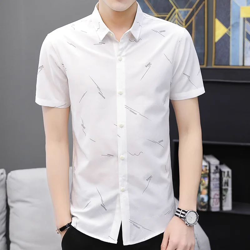 Mens Lapel Collar Single Breasted Abstract Line Print Slim Fit Short Sleeve Casual Shirt
