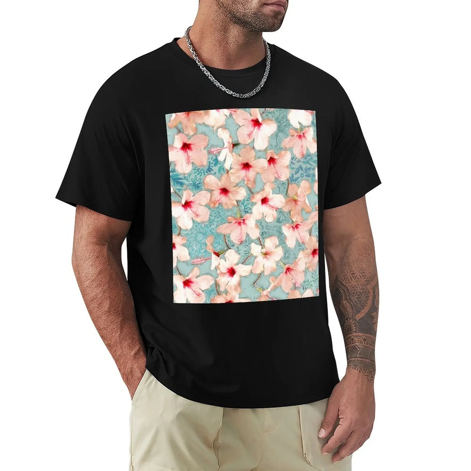 Shabby Chic Hibiscus Patchwork Pattern in Peach & Mint T-Shirt Soft Touch Basic Cotton T-Shirt
