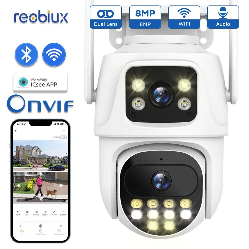 

Reobiux Wifi PTZ Camera 8MP Dual Lens IP Cam Outdoor Surveillance CCTV Security Protection Dual Lens Camera With ICsee App