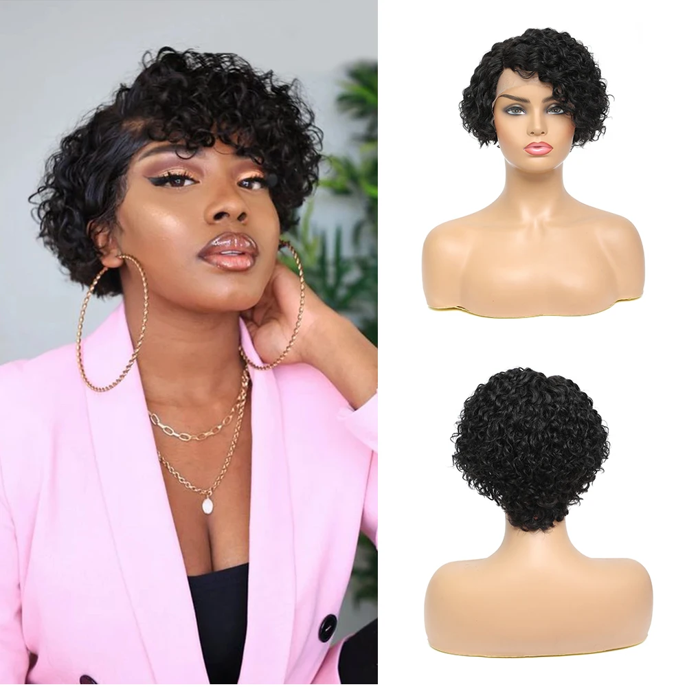 Korte Kinky Krullend Menselijk Haar Pruik Afro Korte Pruiken Pixie Cut Pruik Human Hair Geen Lace Front Natuurlijke Braziliaanse Haar pruiken Voor Vrouwen