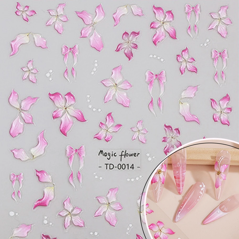

5D Hibiscus Flower Nail Sticker Acrylic Pink Petal Leaf Adhesive Decal Snowflake Star Winter Nail Art Stickers Manicure Decals