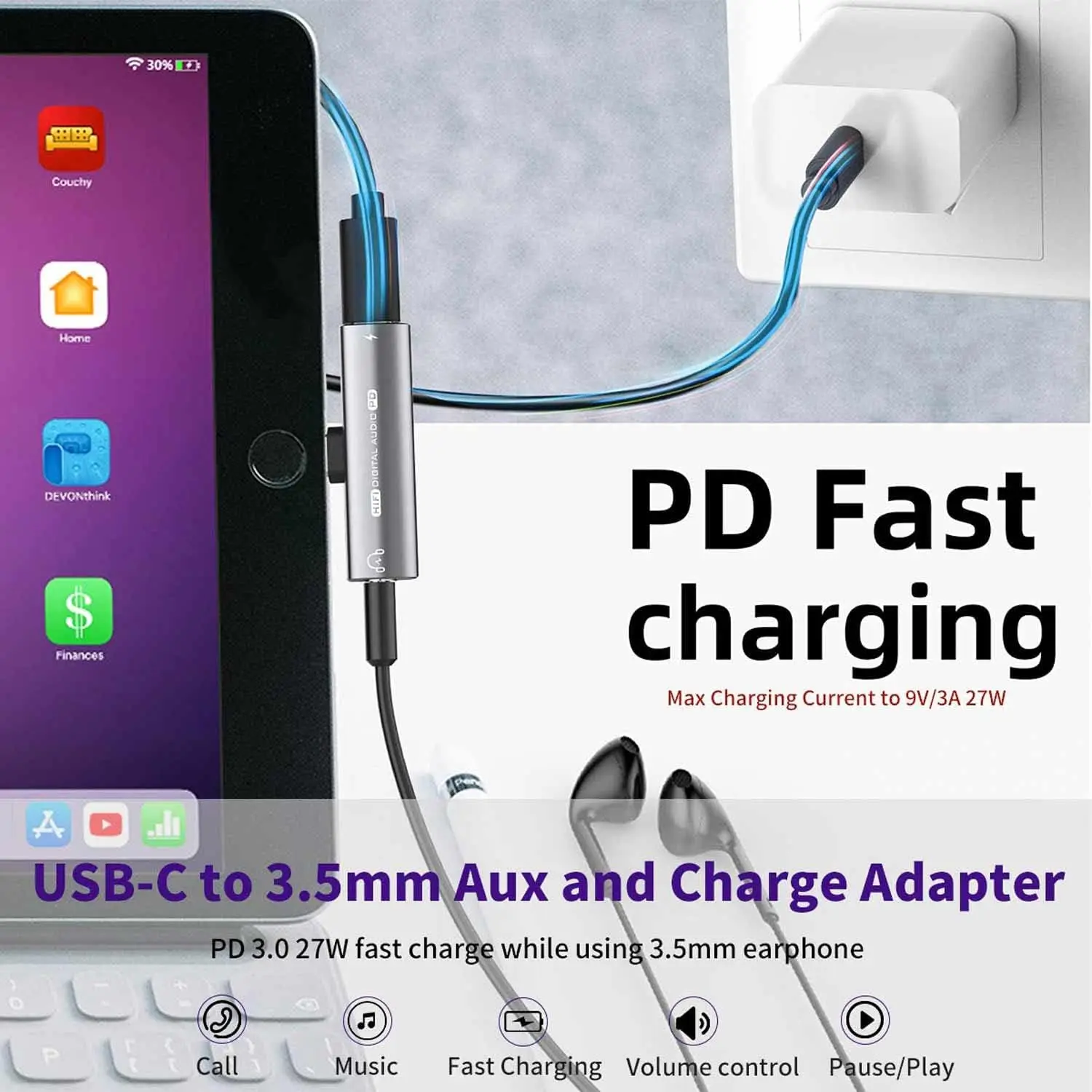 10개입 2-in-1 USB-C to 3.5mm 헤드폰 어댑터 HiFi DAC 및 27W 고속 충전 기능 아이폰 15, 갤럭시 S23/S22, 픽셀 6/5 호환