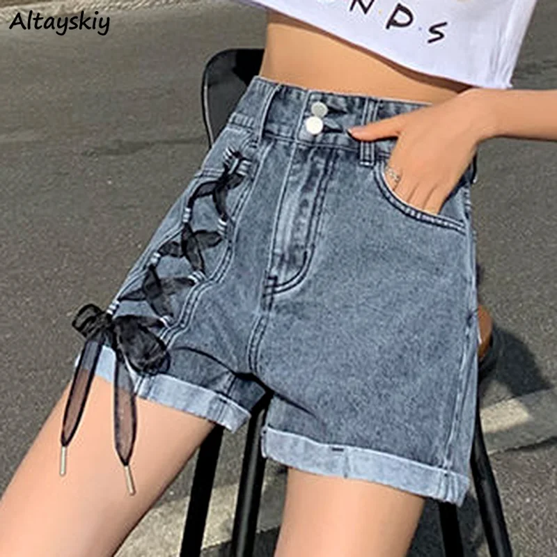 Pantaloncini Donna Nastri alla moda Vita alta Addome Chic Studente Estate Streetwear Harajuku All-match Elegante quotidiano Mujer Denim