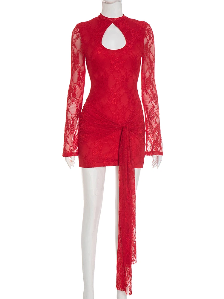 Kliou Sexy Mini vestidos huecos mujer Jacquard Patchwork cuello redondo de malla de manga completa borla flaca melocotón cadera noche fiesta Bodycon
