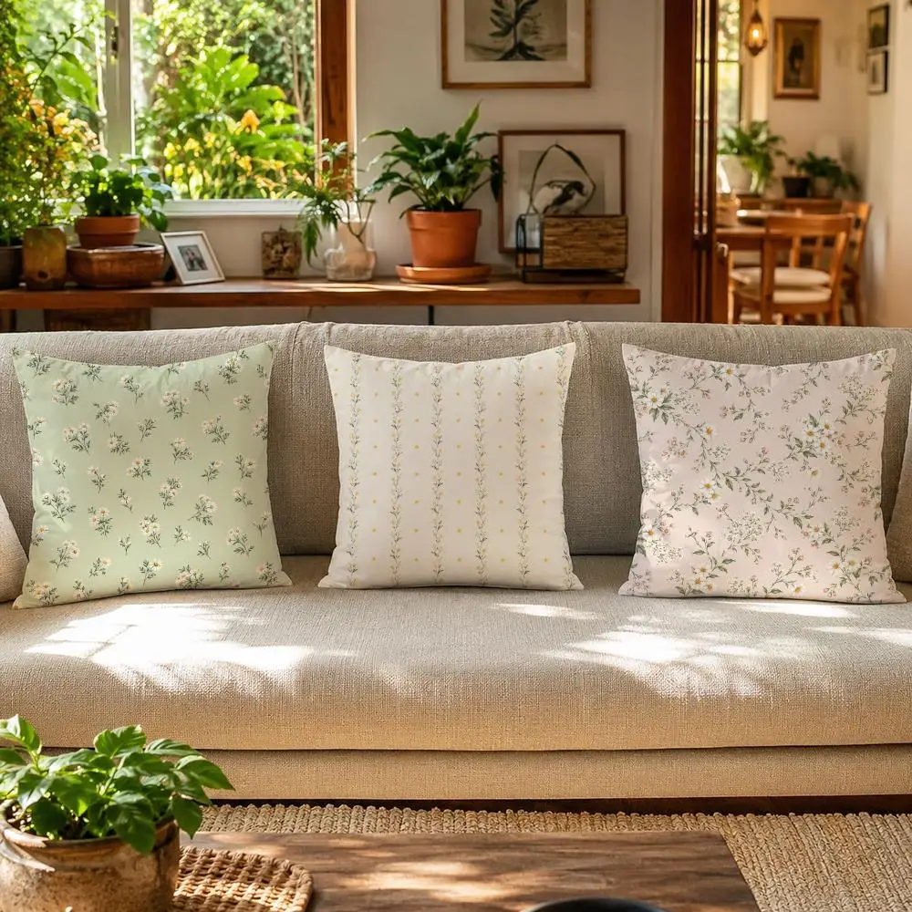 Korean Daisy White Lilacs Cushion Cover Skin-Friendly Organic Linen Pillow Cover Durable Hypoallergenic Washable Soft