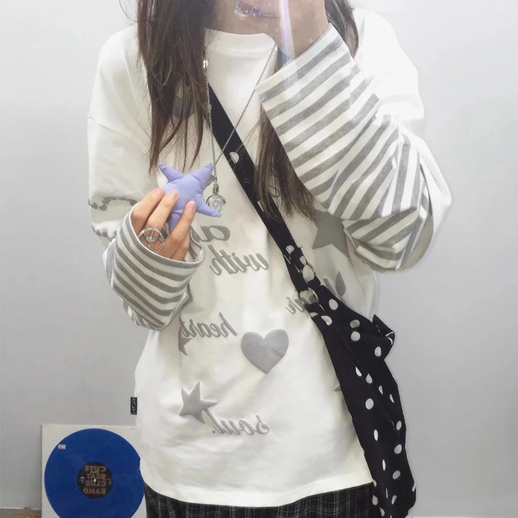 American Vintage Long Sleeve T-Shirt Kawaii Women Casual Fake Two-Piece Top Striped Striped Print Patchwork Autumn Winter Tops