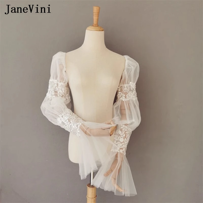 

JaneVini Ivory Puffy Tulle Lace Detachable Sleeves For Wedding Up And Down Party Cape Beaded Gloves Wedding Bolero Jacket Woman